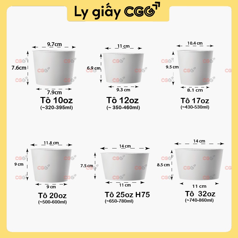 50 TÔ GIẤY trắng các size 300ml, 360ml, 500ml, 650ml, 750ml, 914ml COGI KÈM NẮP