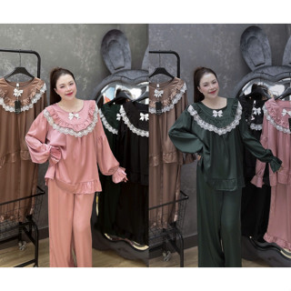  Đồ bộ tay dài quần dài tiểu thư đính nơ chất lụa latin thiết kế tay bo cho nữ có size lên tới 80kg 