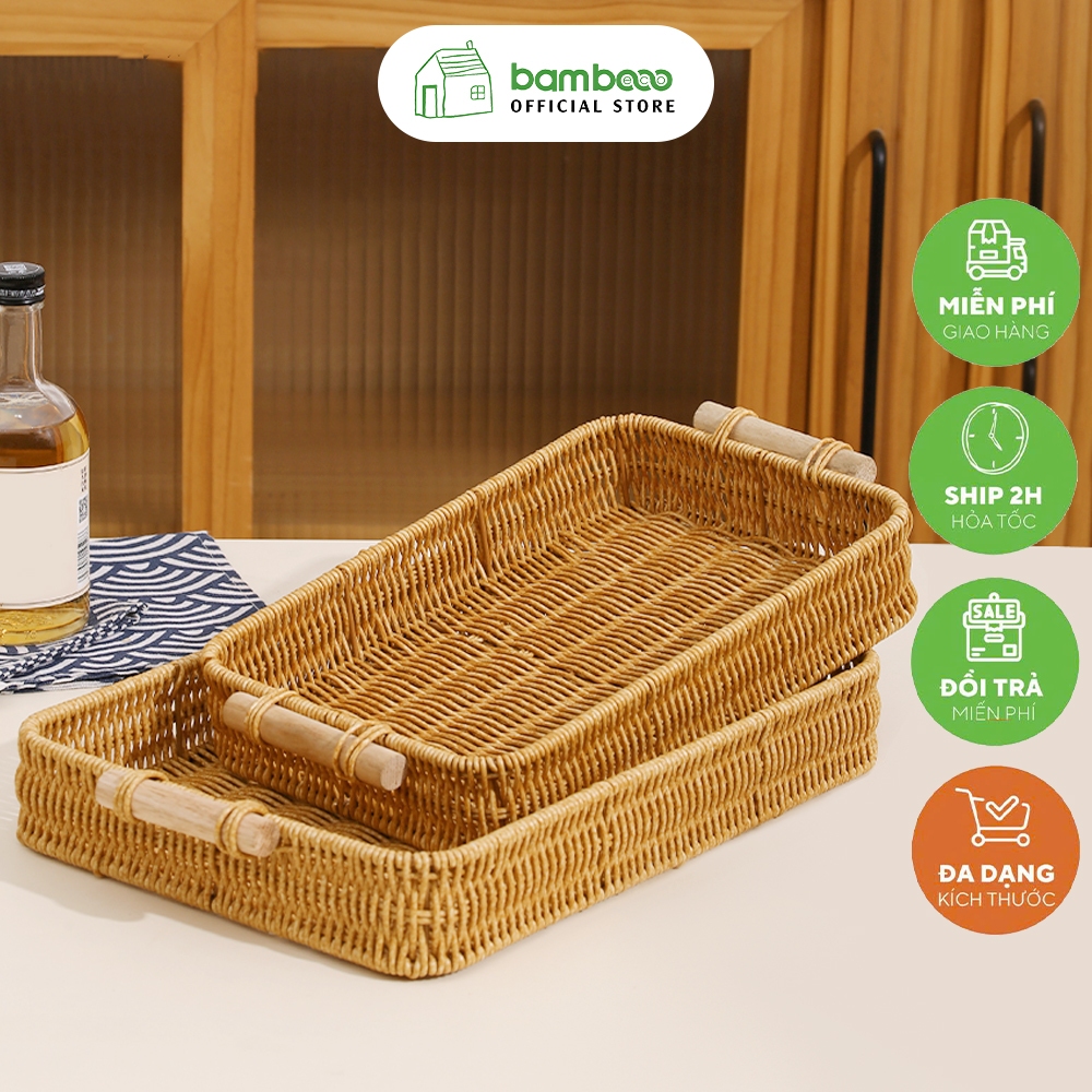 Khay nhựa giả mây BAMBOOO ECO vintage hình chữ nhật  đựng hoa quả, decor chụp ảnh