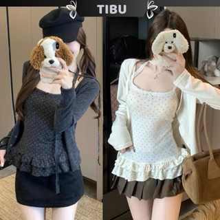  Set Áo Hai Dây Chấm Bi Nhún Bèo Phối Áo Khoác Cardigan TIBU Set Đồ Nữ Hai Món Thu Đông Dễ Thương Xinh Xắn A608 