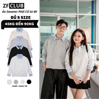 Áo Sweater Dài Tay ZONEF CLUB Phối Sơ Mi Kẻ Xanh Nhạt Liền Thân Chất Liệu Nỉ 2 Da Unisex