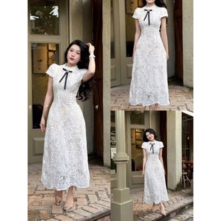  KAMI SHOP - đầm váy ren trắng dáng dài cổ cao phối nơ thanh lịch 