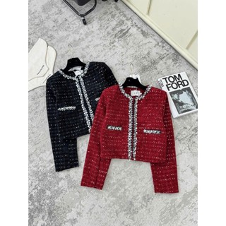  Áo khoác dạ tweed nữ nhũ kim sa viền ngọc 2 lớp tiểu thư mùa đông 