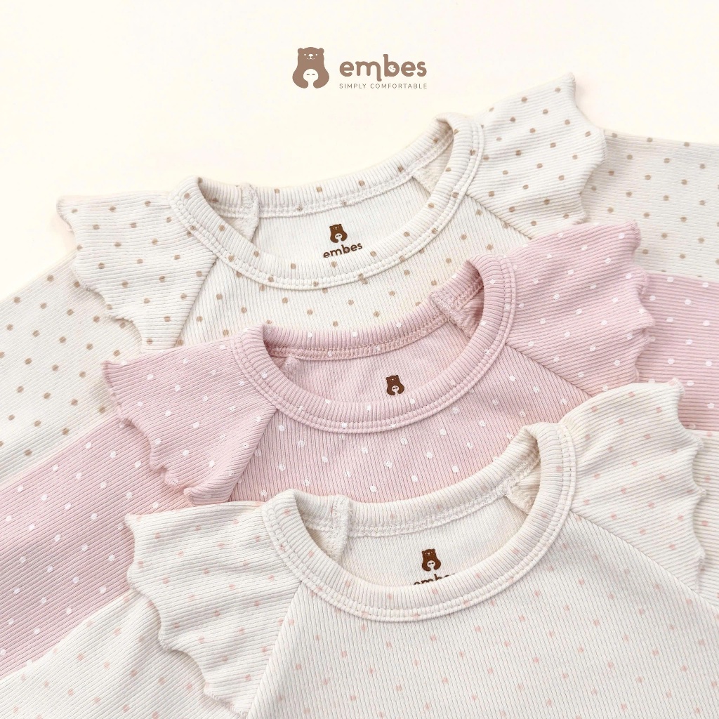 Đồ Bộ Bé Gái Embes, Bộ Dài Tay Thu Đông Chấm Bi Phối Cổ Bèo In Hình Chất Cotton Cho Bé Gái Từ 8-17kg