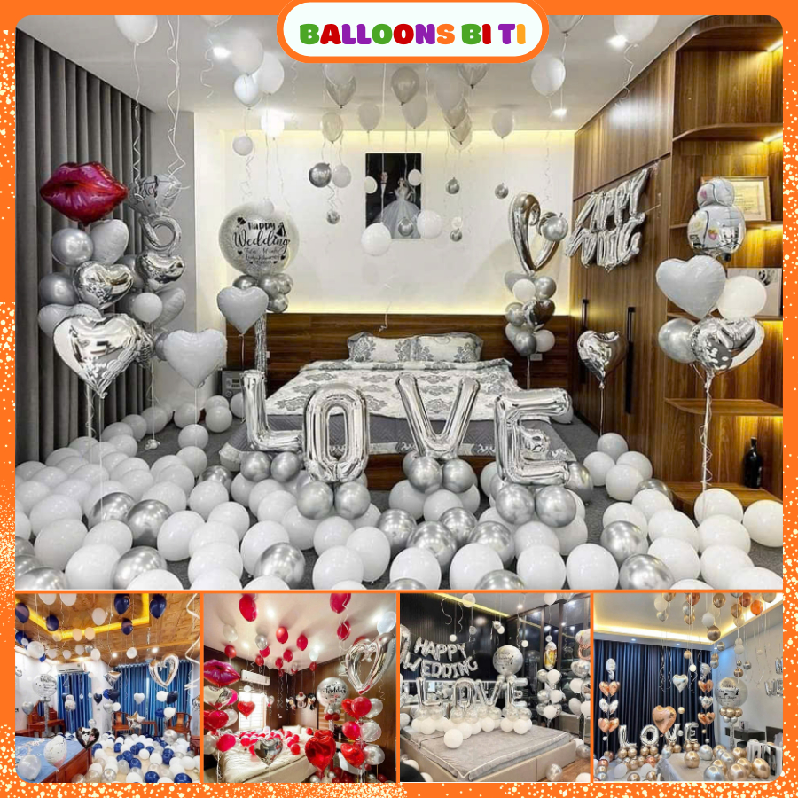 Set bóng bay trang trí phòng cưới phòng tân hôn tone màu bạc balloons bi ti