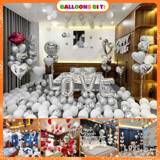Set bóng bay trang trí phòng cưới phòng tân hôn tone màu bạc balloons bi ti