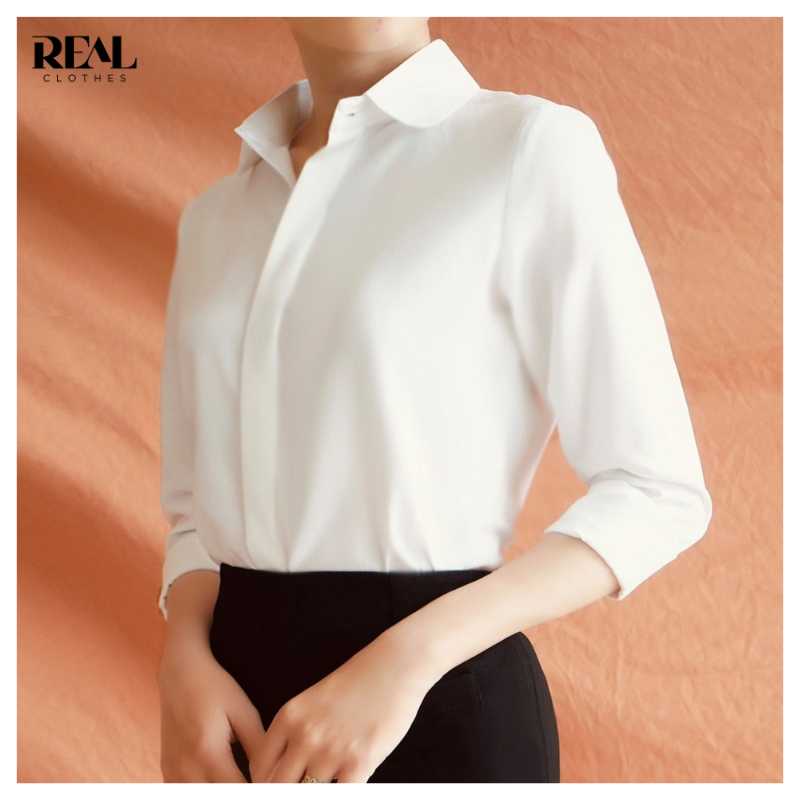 Sơ mi công sở dáng suông basic REAL CLOTHES (tổng hợp màu), vải cotton lụa ít nhăn, dễ ủi, ve cổ bo nhẹ - basic shirt