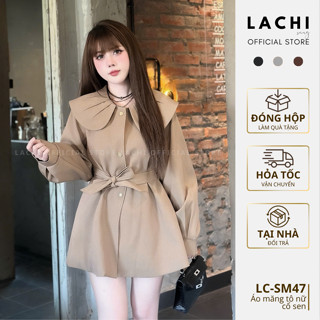   TẶNG KHĂN LỤA  Áo khoác măng tô nữ cổ sen công sở LACHI dáng ngắn chất kaki Hàn lót trong cao cấp có bigsize LC-SM47 
