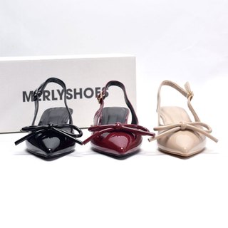 Giày Cao Gót Nơ Phồng 3cm Merly 1634-3P Mũi Nhọn Hở Gót Đi Tiệc Công Sở Big Size 35-43 3 Màu Đen Kem Đỏ 
