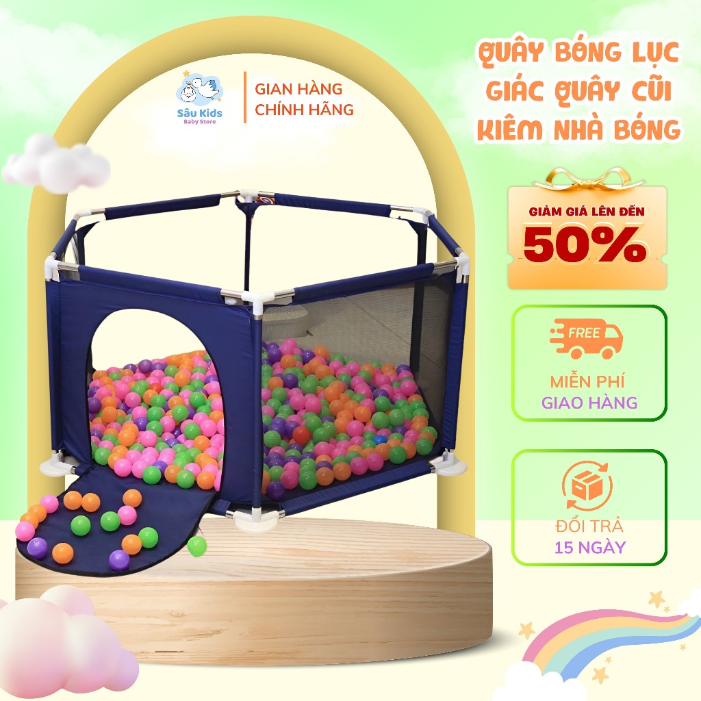 Quây Bóng Lục Giác Cho Bé – Quây Cũi Kiêm Nhà Bóng Khung Inox, Tặng Kèm Bóng Đa Sắc Nhiều Màu