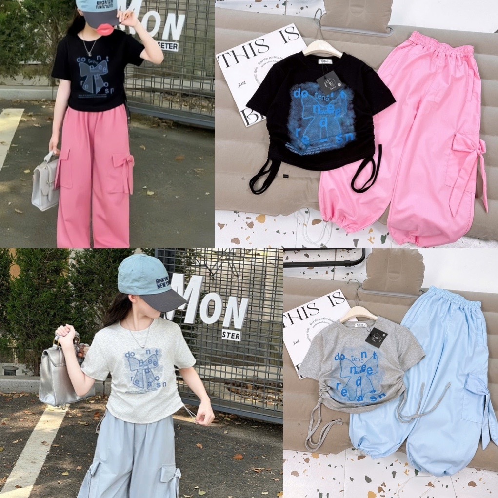 Điệu kids- Bộ bé gái áo thun nơ rút Do Teno quần túi hộp TN M53 2màu xanh và hồng