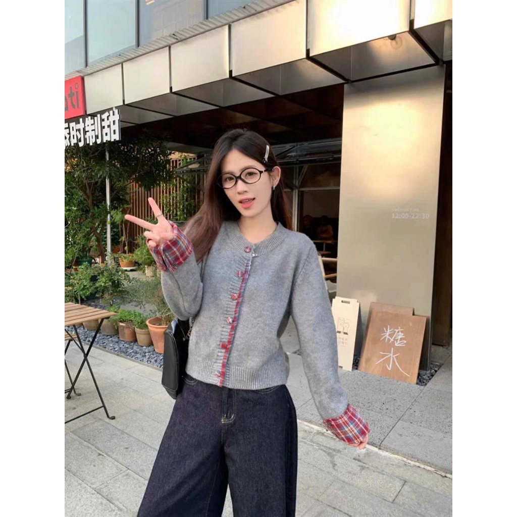 [XẢ KHO THANH LÝ] Áo cardigan len 𝒀𝑼𝑴𝑴𝒀 cổ tròn, Áo len cardigan viền cúc bọc kẻ caro Hàn Quốc CA36 | BigBuy360 - bigbuy360.vn