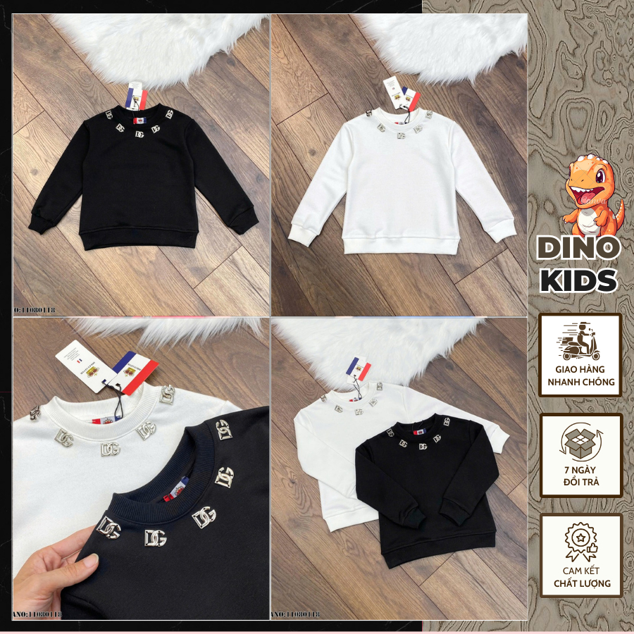Áo nỉ sweater bé trai chất nỉ da cá đính logo viền cổ 2 màu basic - Áo nỉ bé trai dg viền cổ chất nỉ