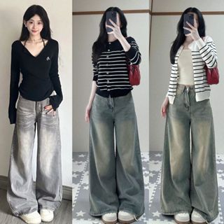  Quần Jean Nữ MIAA ống Rộng 28-32CM màu Xám Cạp Cao phong cách Jean RETRO Đầy ĐỦ SIZE 