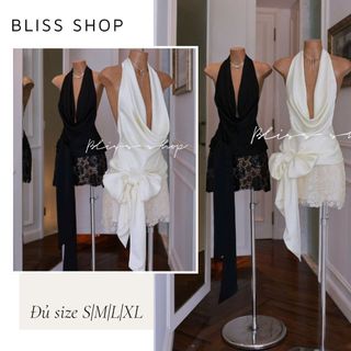   Bản Cao Cấp  Set Áo Lụa Cổ Yếm Buộc Nơ Phối Chân Váy Ren Sang Chảnh Thời Trang Nữ Bliss Shop - S395 