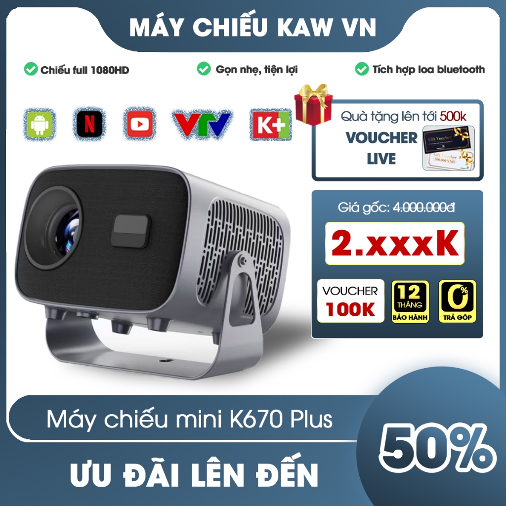 Máy Chiếu Chính Hãng KAW K670, Độ Sáng Cao, Chất Lượng Video Hỗ Trợ Full HD, Bluetooth Xoay 360 Độ
