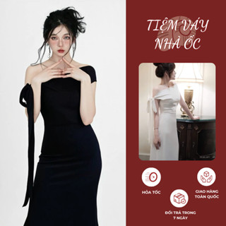 Đầm Lụa Dự Tiệc Trễ Vai Phối Nơ Lệch Vai Lụa Hàn NV684 Váy Lụa Đầm Dự Tiệc Cưới Lệch Vai Dây Thắt Được Nhiều Kiểu