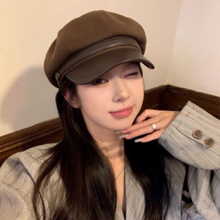  Mũ beret mix da PU có dây chỉnh vòng đầu mũ nồi lưỡi trai thời trang 