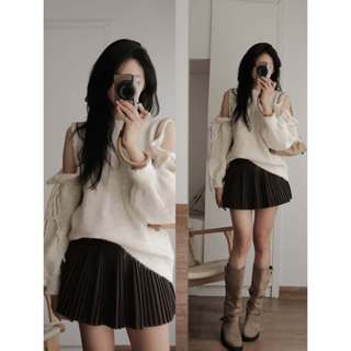  A007 Áo len lông khoét vai dây rút oversized 