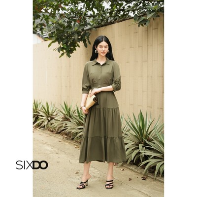 Đầm xanh xoè tay lỡ linen SIXDO (Moss Green Linen Flared Dress)