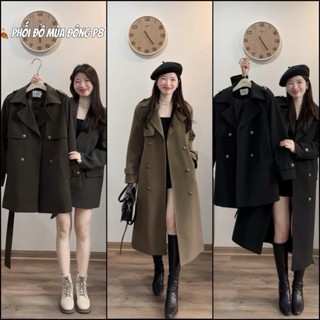  Dạ22 Áo Khoác Mangto chất dạ dáng ngắn Dáng dài cúc đồng kèm dây đai - Áo khoác Mangto dạ mùa đông chần bông QC 