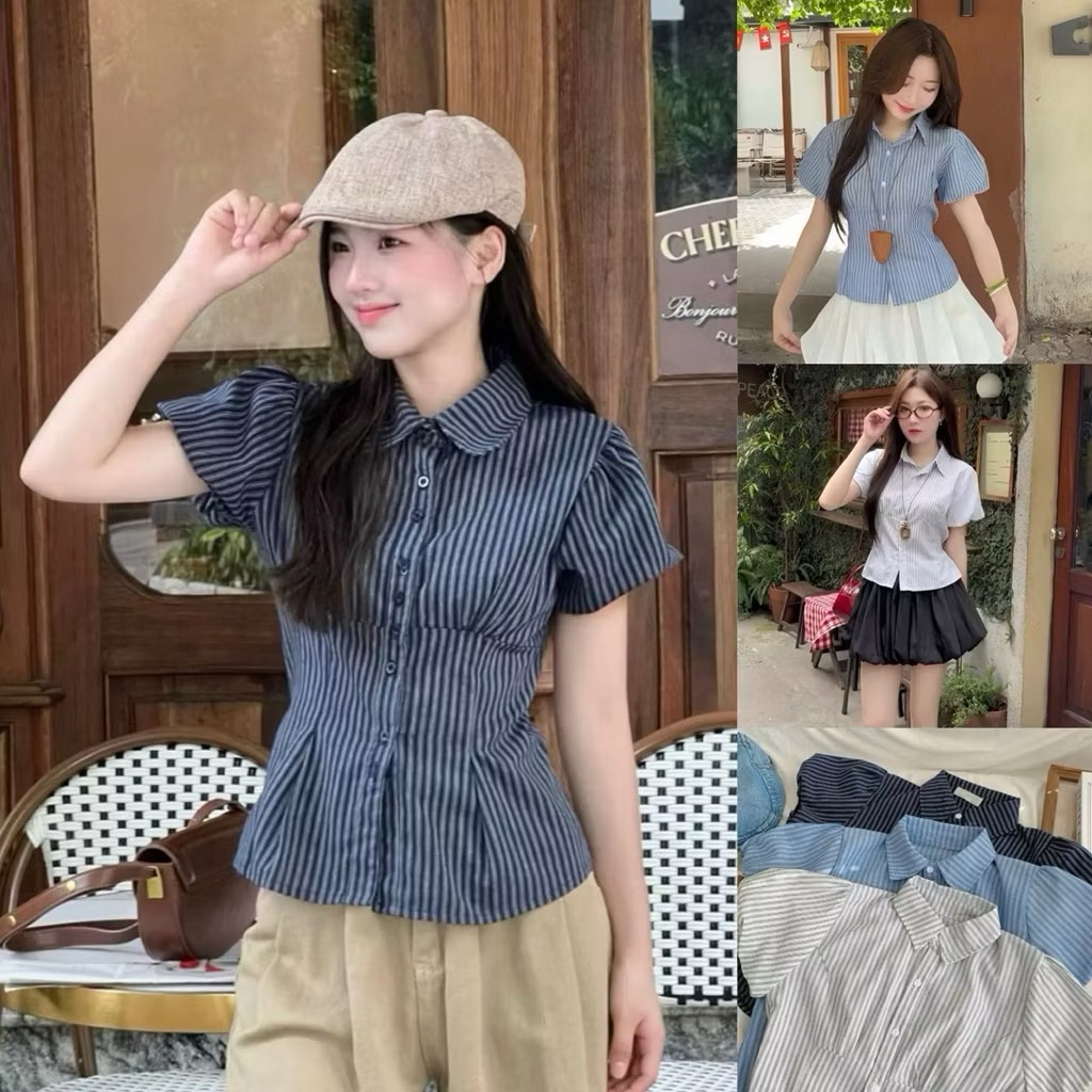 ÁO SƠ MI KẺ SỌC HÀN QUỐC TAY PHỒNG CỔ TRỤ CỰC XINH CÓ DÂY THẮT LƯNG SMS400