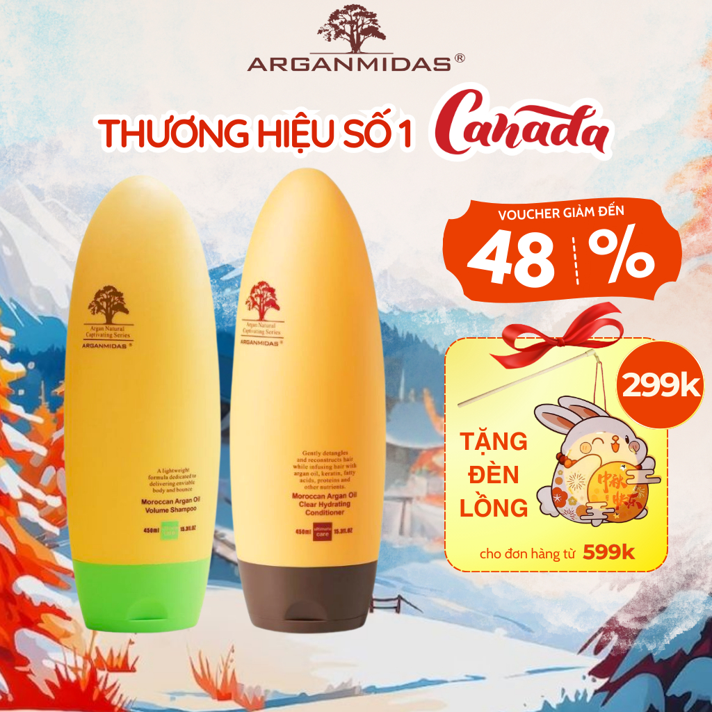Combo dầu gội kiềm dầu tạo phồng chân tóc và dầu xả siêu dưỡng ẩm Arganmidas - 450ml