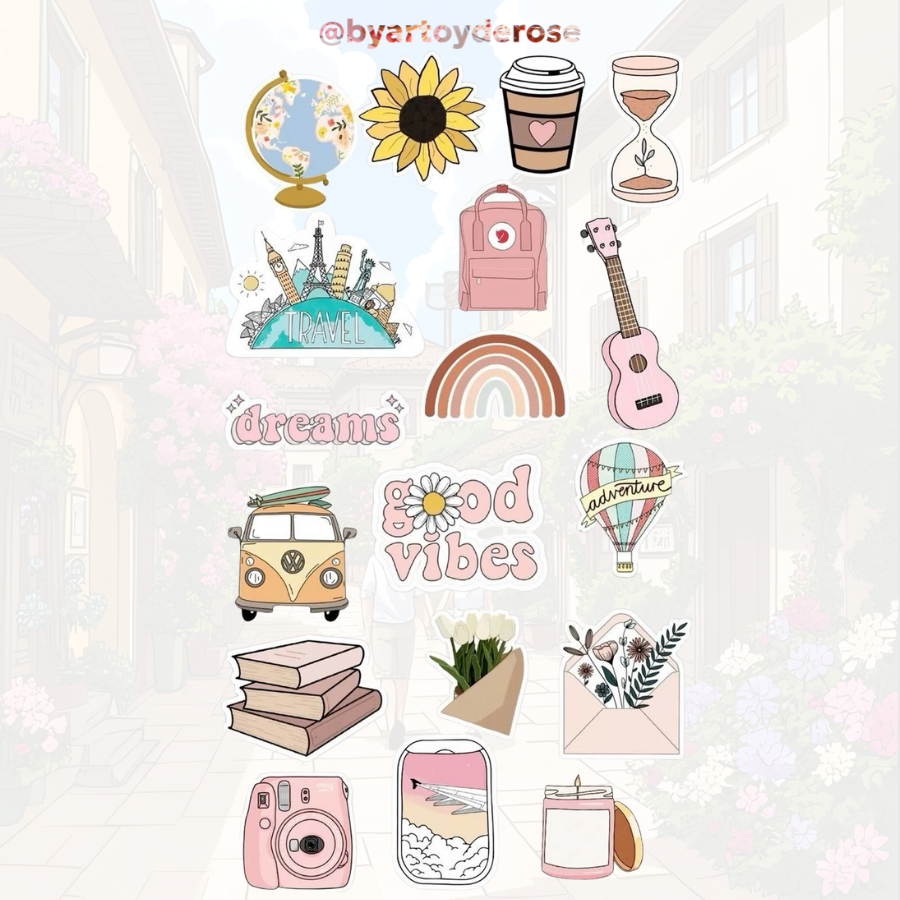 Set Hình Dán Nghệ Thuật Âm Nhạc Du Lịch Pastel Ngọt Ngào Dễ Thương Trang Trí Sổ
