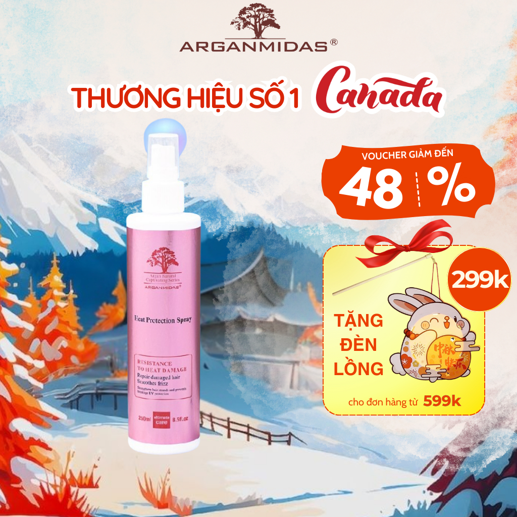 Xịt dưỡng bảo vệ tóc Arganmidas , Xịt dưỡng trước khi sấy và tạo kiểu, siêu dưỡng tóc hư tổn, tóc mềm mượt 250ml