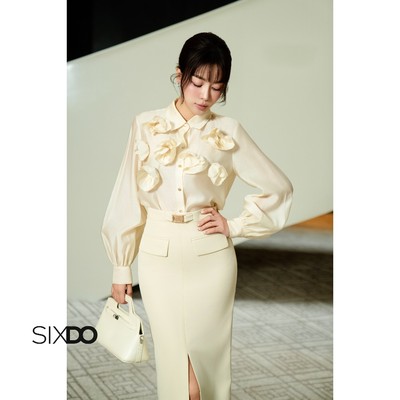 Áo somi nữ tơ dài tay phối hoa 3D SIXDO (Beige Organza Shirt)