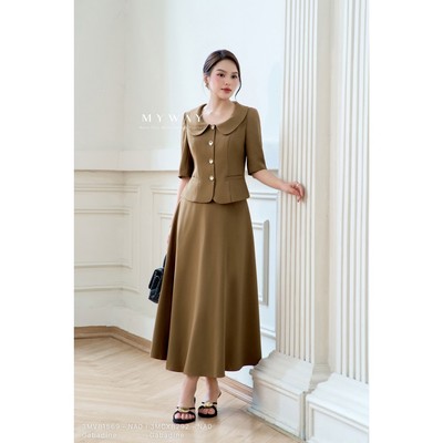 Set Vest Công Sở Nữ Gabadine Nâu Cổ Tròn Collar Elegance MY WAY Phối Chân Váy Xòe Tinh Tế Thanh Tao 3MVB1569 3MCXB292
