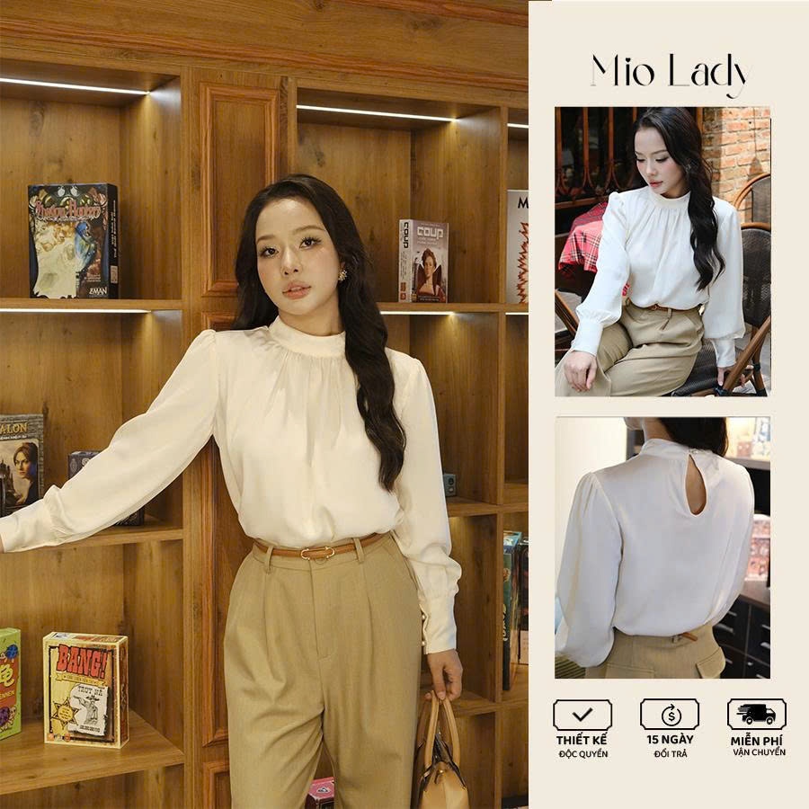 Áo lụa Hàng Châu cao cấp nữ cổ tàu, nhún ngực tay bồng Mio Lady