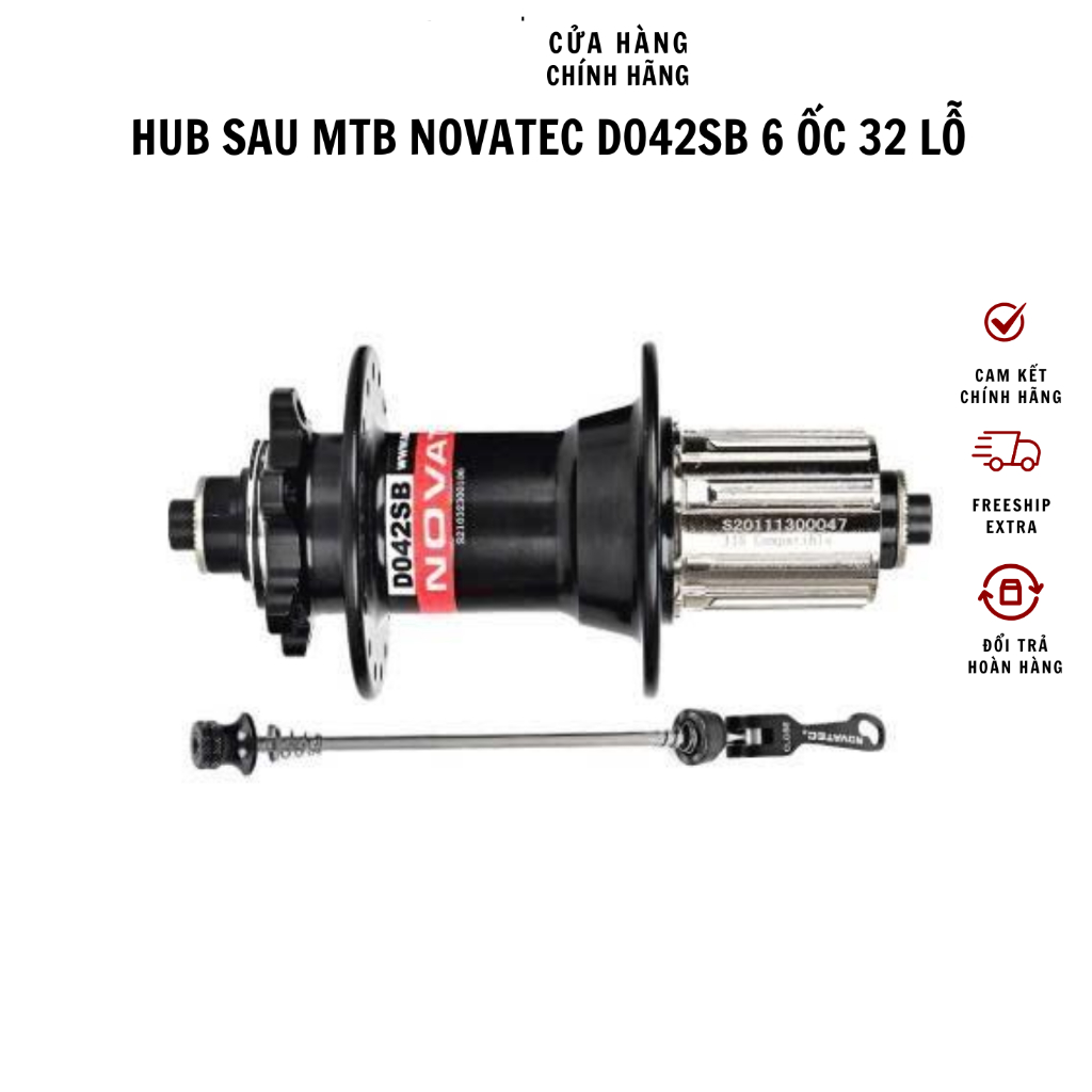 Hub sau MTB Novatec D042SB 6 ốc 32 lỗ kèm ti bật xe đạp thể thao