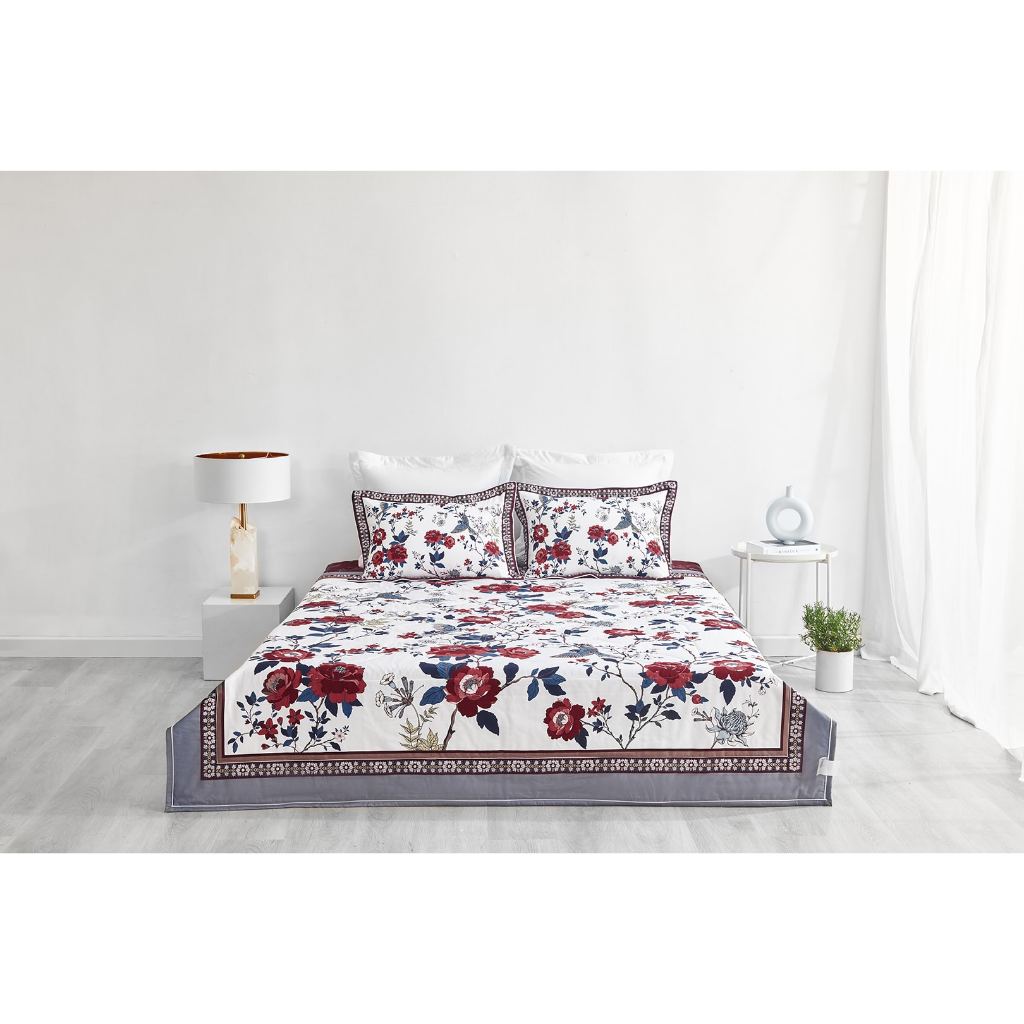 Chăn hè EVERON chính hãng Epc-21056 màu trắng in hoa đỏ tía - Vải 100% Cotton Satin - Kích thước 180