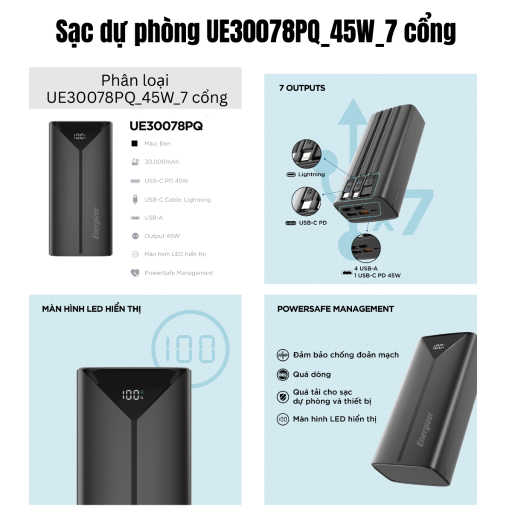 Pin Sạc Dự Phòng Cao Cấp Energizer 30000mAh/ Max 45W Sạc Nhanh PD, 7 Cổng Sạc Ra, Bảo Hành 1 Năm | BigBuy360 - bigbuy360.vn