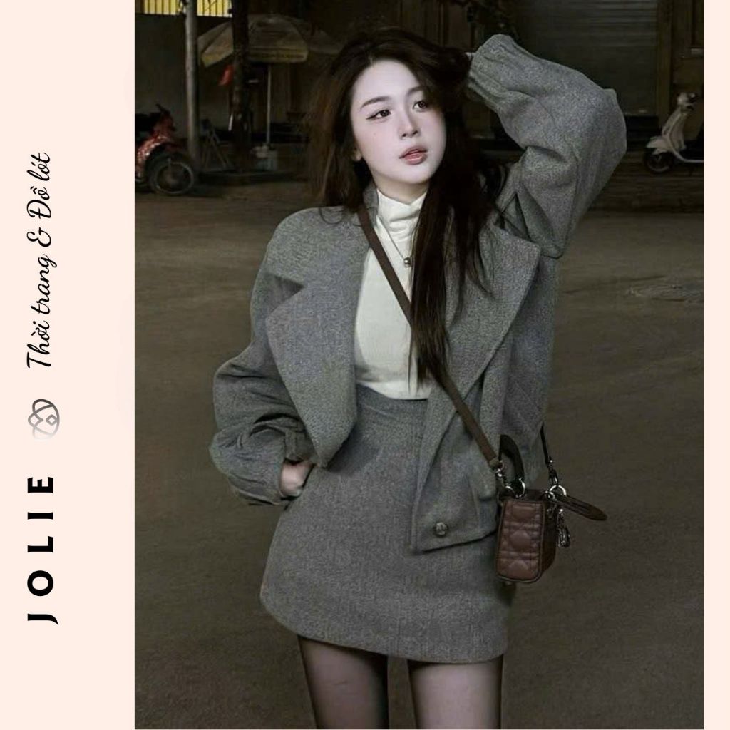 Set Dạ Tweed Nữ - Áo Khoác Blazer Croptop Kèm Chân Váy Chữ A Thanh Lịch