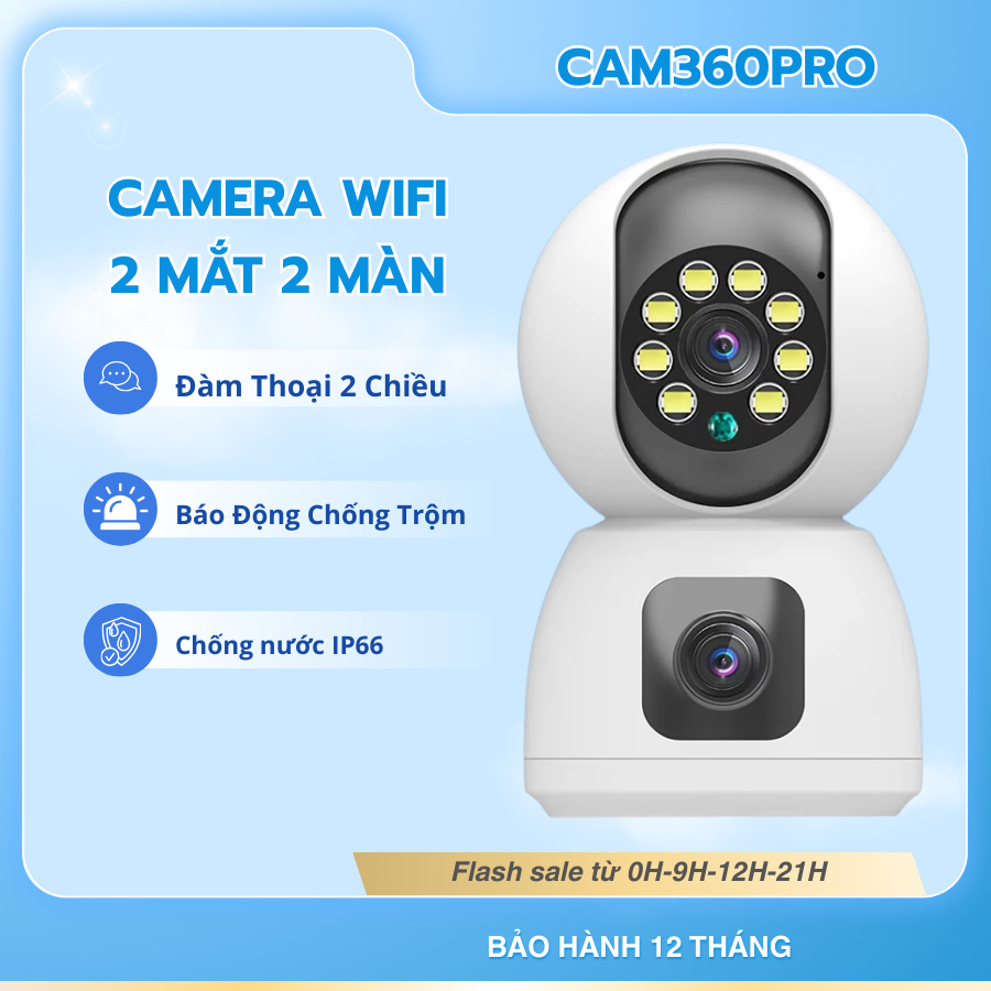 Camera 2 Mắt 2 Màn Hình Xoay 360° Quan Sát Toàn Cảnh, Đàm Thoại 2 Chiều, Xem Đêm Có Màu