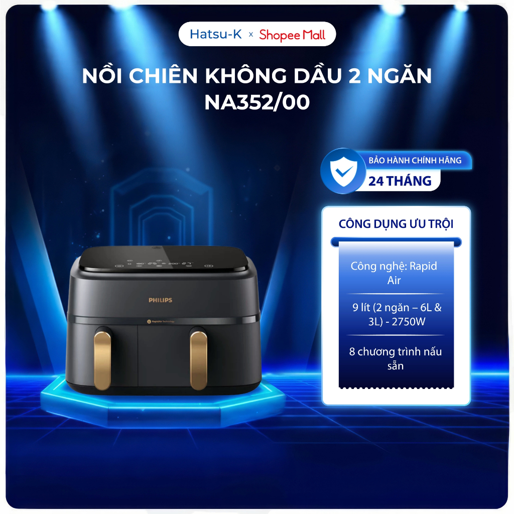 Nồi chiên không dầu cao cấp 2 ngăn Philips NA352/00, đồ gia dụng nhà bếp thông minh 9L, dành cho cả 