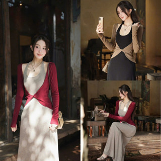 DAY CHIC - Áo cardigan croptop gân mỏng phối váy hai dây
