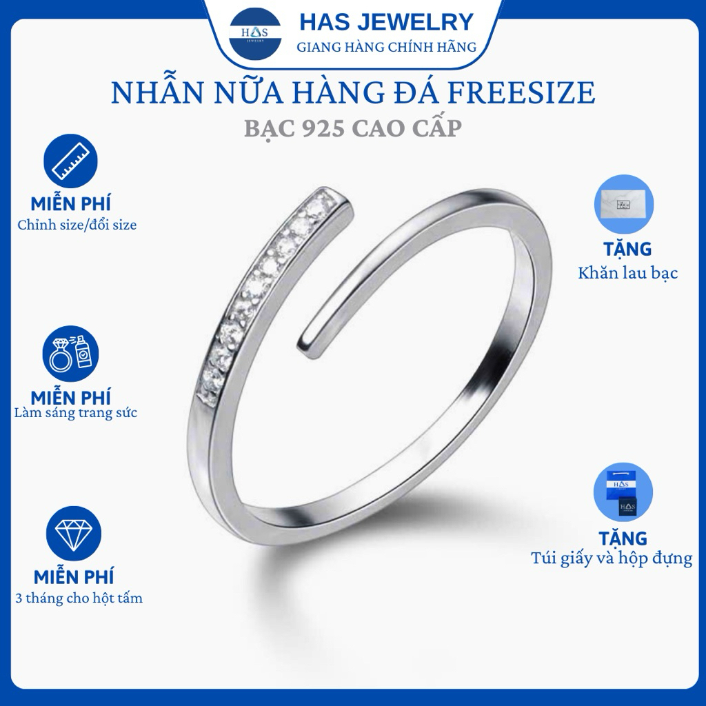 Nhẫn bạc freesize nữa hàng đá HAS – HN237