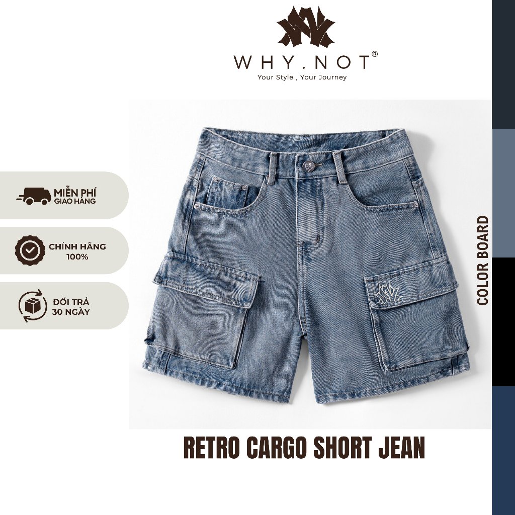 [Có Bigsize] Quần Short Nam Túi Hộp Màu Xanh Retro WHY.NOT - Quần Short Jean Nam Retro Cargo Short