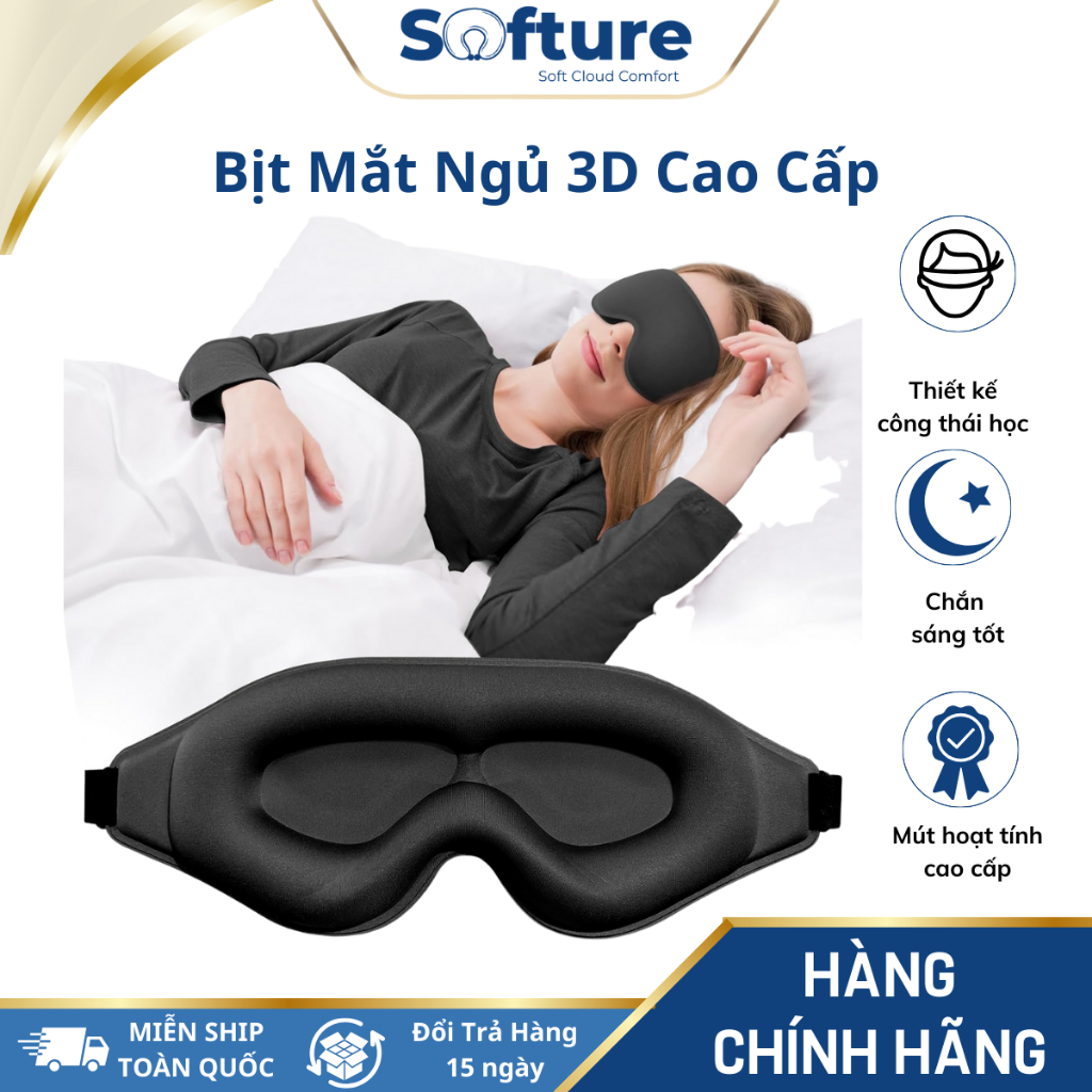 Bịt Mắt Ngủ 3D Cao Cấp SOFTURE Chặn Sáng 100%, Mềm Mại Thoáng Khí Có Dây Đeo Điều Chỉnh - SBM02