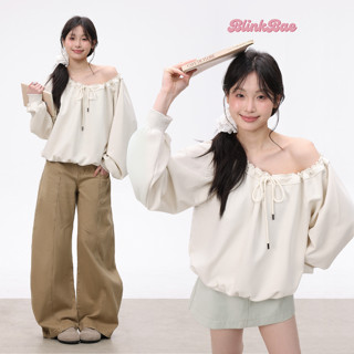 Áo Sweater Trễ Vai Mặc Nhiều Kiểu BlinkBae Nỉ 2 Da Có Dây Rút Màu Be Hàn Quốc