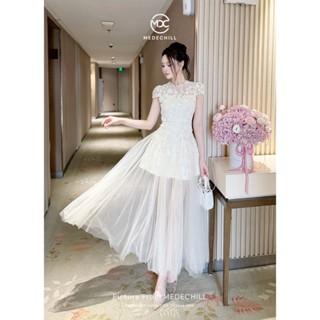  Đầm Maxi Ren Hoa Phối Lưới Tiểu Thư MEDECHILL Đầm Cổ Tròn Ngắn Tay Thanh Lịch Phù Hợp Đi Đám Cưới Dự Tiệc V1417 