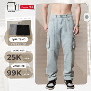 Quần Jean nam CARGO BAMI HOME BM, quần dài vải Jean ống suông, túi hộp, form rộng thoải mái QJ09