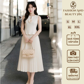VT250632 - Set Đồ Nữ Áo Sát Nách Form Ôm Mix Chân Váy Midi Xếp Ly – Phong Cách Quý Cô Thanh Lịch