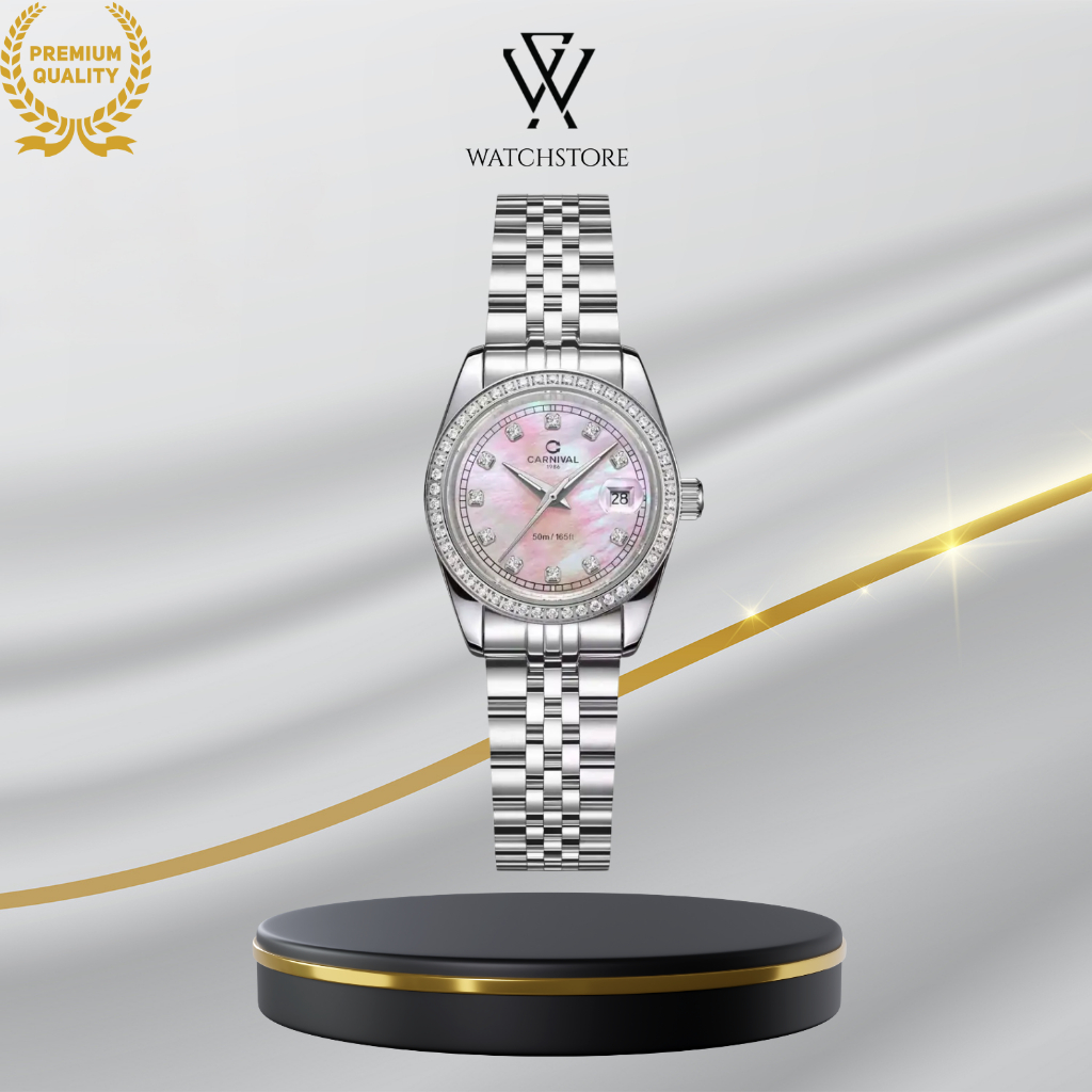 Đồng Hồ Nữ Carnival Pin/Quartz 8131L2-VT-HK Màu Xà Cừ Hồng Mặt Kính Sapphire 32mm Đính Đá Dây Kim Lo