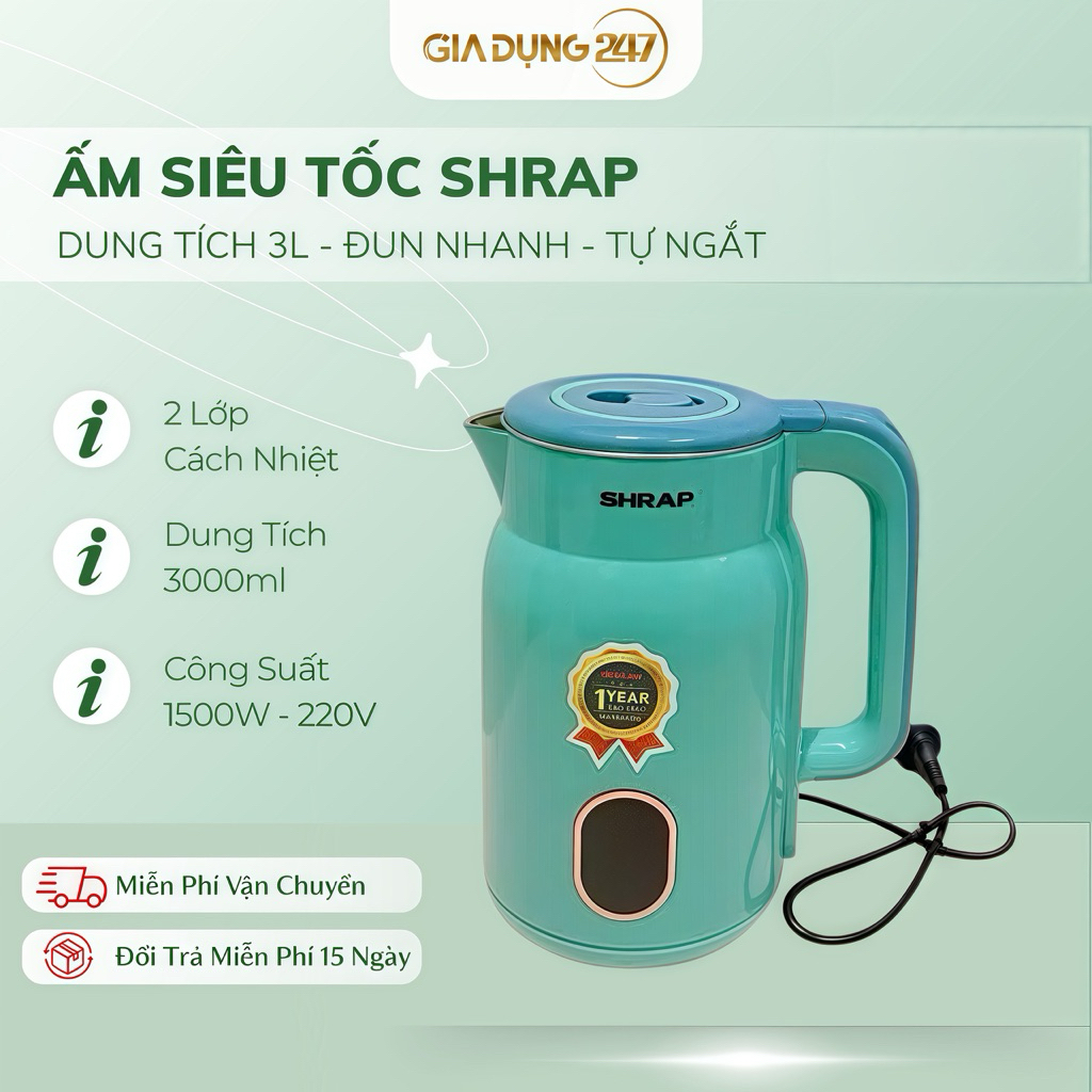 Ấm Siêu Tốc 3L, Ấm Đun Nước Cách Nhiệt 2 Lớp Tự Ngắt An Toàn, Inox Bền, Model SH-38 1500W