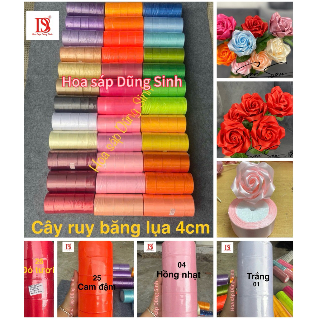 [ R603 ] Sỉ cây ruy băng lụa trơn 4cm ( cây 5 cuộn), ruy băng lụa satin bản 4cm làm hoa hồng, gói quà, làm nơ, trang trí