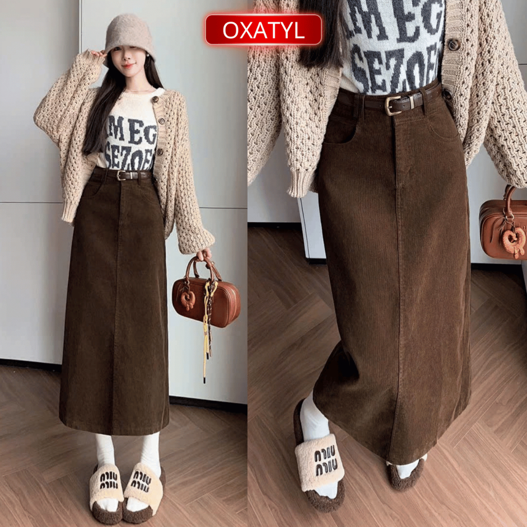 Chân váy nhung dài 80cm nữ dáng dài chất liệu nhung thu đông cao cấp Oxatyl V67